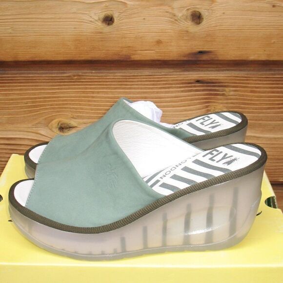 NWT Fly London Jade Green Wedge Slides - Picture 2 of 9